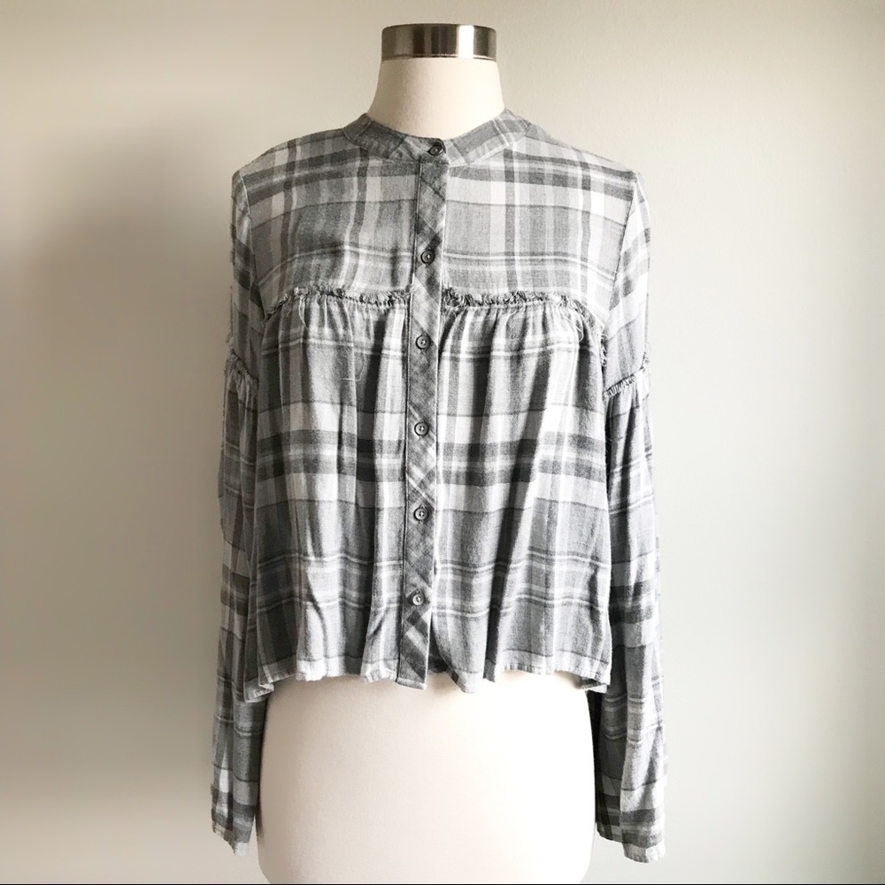 Cloth & Stone Plaid Cropped Button Down Blouse Top